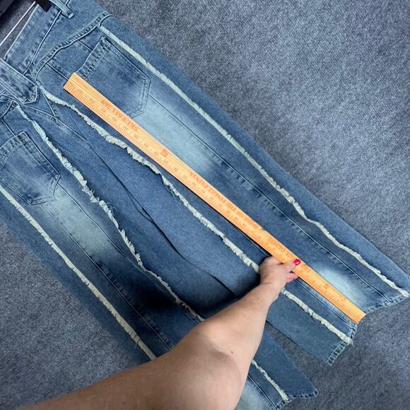 Wide Leg Jeans Womens Large Blue Denim Fringe Frayed Streetwear Baggy Distressed - Picture 10 of 12